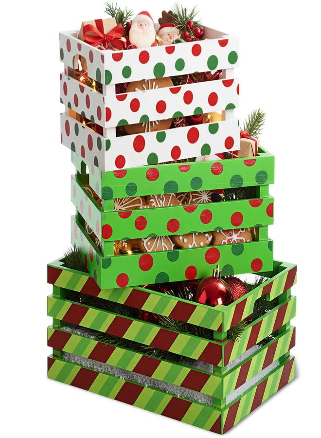 Novabright 3 Pcs Christmas Wood Crates 13'' 11'' 9'' Decorative Rustic Nesting Crate with Handle Farmhouse Wood Storage Basket Gift Boxes for Winter Display Candy Craft Pet Holiday Decor(Clean Style) - Image 1